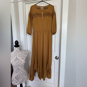 Joyfolie Mustard Lace Trim Midi Dress NEW
